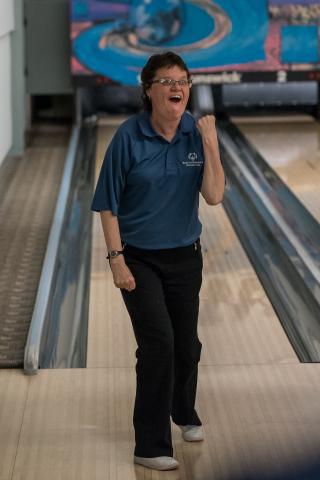 Jeri Lee gestures after a bowling win