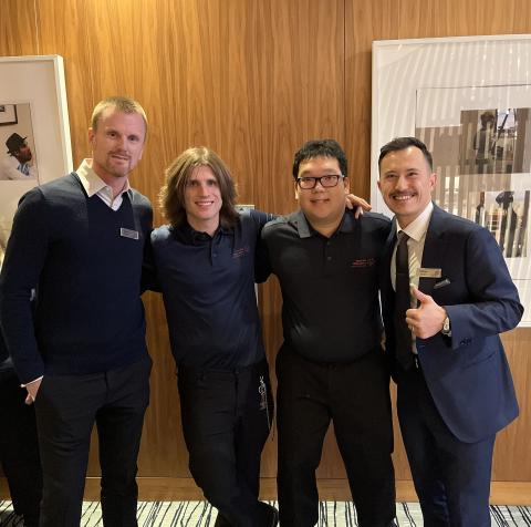 Canucks alumni Daniel Sedin, SOBC athletes Zack Thibeault and Alexander Pang, and figure skater Patrick Chan in group photo